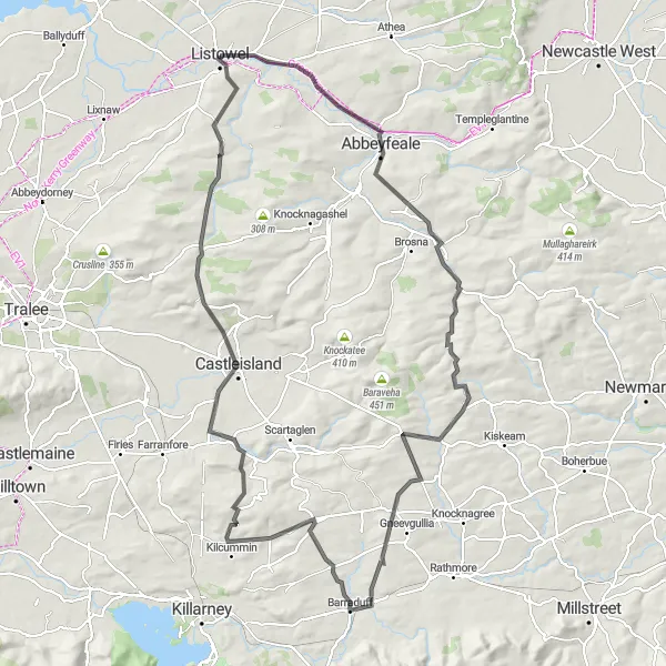 Map miniature of "Abbeyfeale and Castleisland Challenge" cycling inspiration in Southern, Ireland. Generated by Tarmacs.app cycling route planner