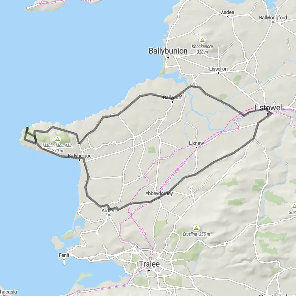 Map miniature of "Abbeydorney and Ballyheigue Adventure" cycling inspiration in Southern, Ireland. Generated by Tarmacs.app cycling route planner