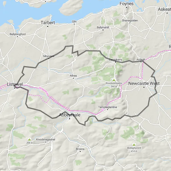 Map miniature of "Historic Sites and Rural Beauty" cycling inspiration in Southern, Ireland. Generated by Tarmacs.app cycling route planner