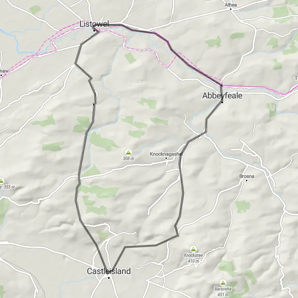 Map miniature of "From Listowel to Castleisland" cycling inspiration in Southern, Ireland. Generated by Tarmacs.app cycling route planner