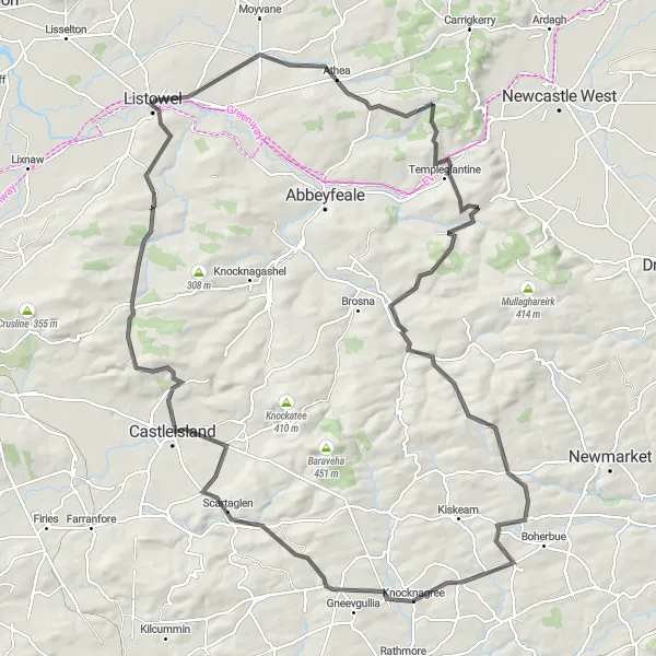 Map miniature of "The Hills of Kerry" cycling inspiration in Southern, Ireland. Generated by Tarmacs.app cycling route planner