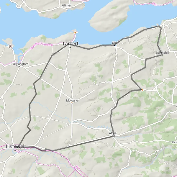 Map miniature of "Tarbert and Glin Delight" cycling inspiration in Southern, Ireland. Generated by Tarmacs.app cycling route planner