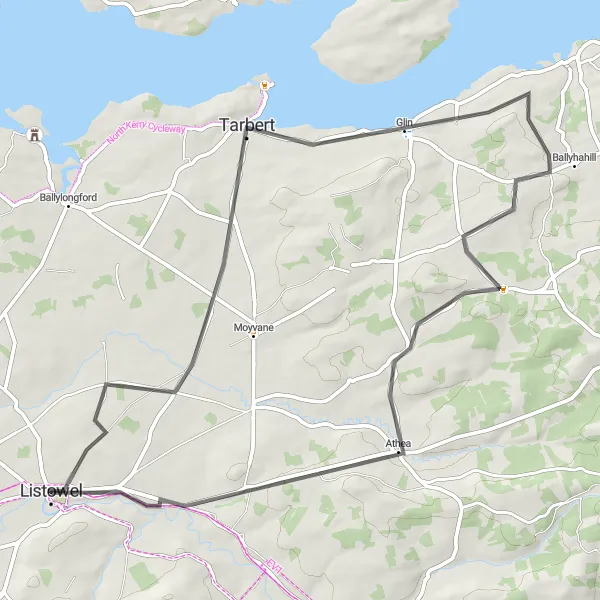 Map miniature of "Tarbert Peninsula Loop" cycling inspiration in Southern, Ireland. Generated by Tarmacs.app cycling route planner