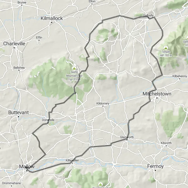 Map miniature of "Doneraile and the Vee" cycling inspiration in Southern, Ireland. Generated by Tarmacs.app cycling route planner