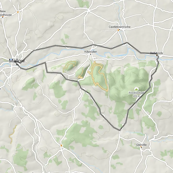 Map miniature of "Killavullen, Knocknaskagh, Mallow Loop" cycling inspiration in Southern, Ireland. Generated by Tarmacs.app cycling route planner