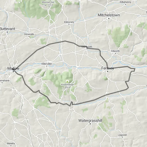 Map miniature of "Mallow Castle House, Glanworth, Fermoy, Old Railway Viaduct, Rathcormack, Glenville, Mallow Route" cycling inspiration in Southern, Ireland. Generated by Tarmacs.app cycling route planner