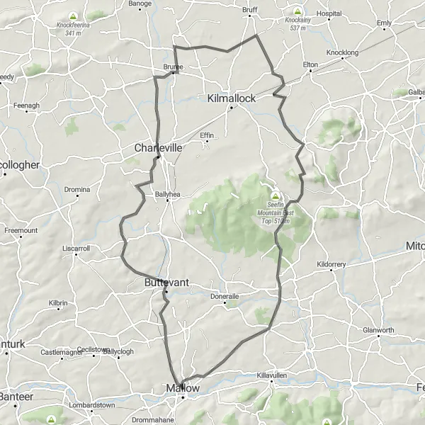 Map miniature of "Buttevant, Charleville, Bruree, Kilfinane Motte, Kilfinnane, Wallstown Castle, Mallow Adventure" cycling inspiration in Southern, Ireland. Generated by Tarmacs.app cycling route planner