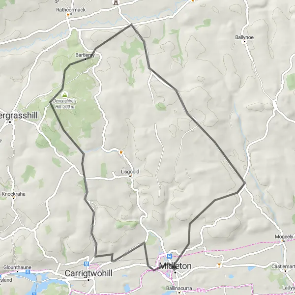 Map miniature of "Midleton and Leamlara Route" cycling inspiration in Southern, Ireland. Generated by Tarmacs.app cycling route planner