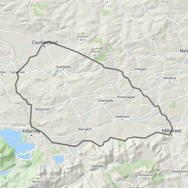 Map miniature of "Millstreet to Killarney Loop" cycling inspiration in Southern, Ireland. Generated by Tarmacs.app cycling route planner