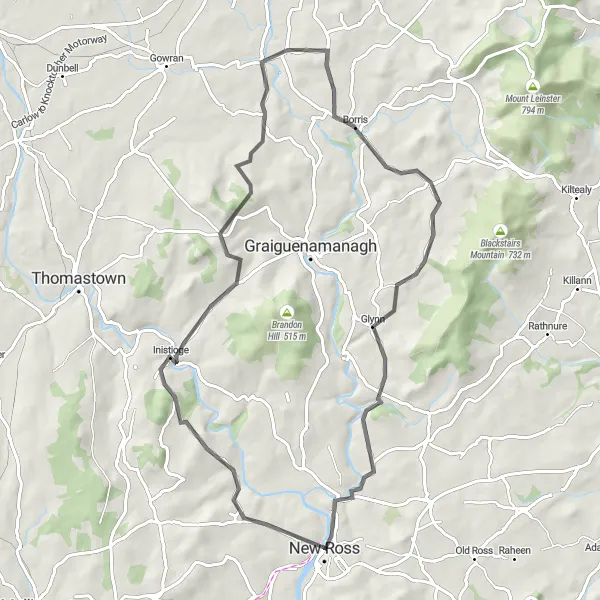 Map miniature of "New Ross to Ballymurphy Round-Trip" cycling inspiration in Southern, Ireland. Generated by Tarmacs.app cycling route planner