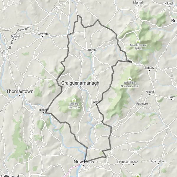 Map miniature of "New Ross to Killedmond Round-Trip" cycling inspiration in Southern, Ireland. Generated by Tarmacs.app cycling route planner