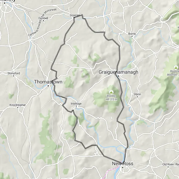 Map miniature of "New Ross to Graiguenamanagh Round-Trip" cycling inspiration in Southern, Ireland. Generated by Tarmacs.app cycling route planner