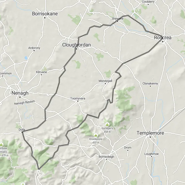 Map miniature of "Roscrea to Cloughjordan Loop" cycling inspiration in Southern, Ireland. Generated by Tarmacs.app cycling route planner