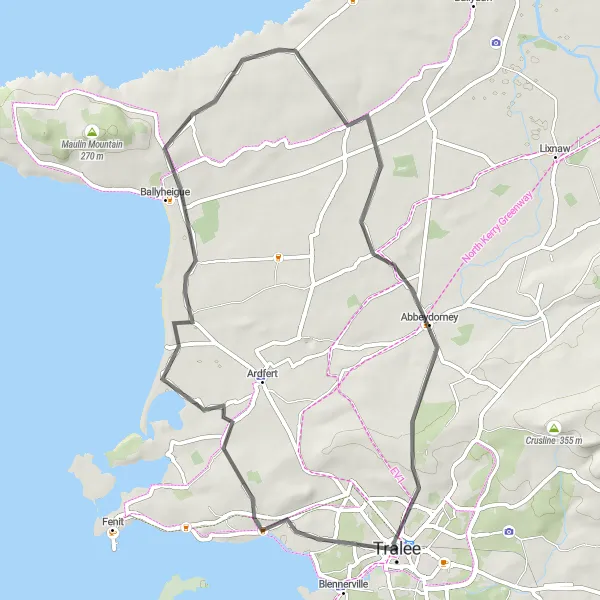 Map miniature of "The Ballyheigue Circuit" cycling inspiration in Southern, Ireland. Generated by Tarmacs.app cycling route planner