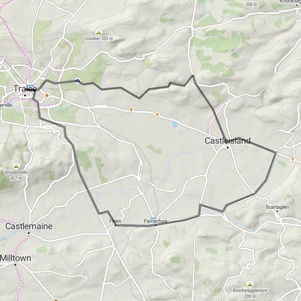 Map miniature of "The Castleisland Loop" cycling inspiration in Southern, Ireland. Generated by Tarmacs.app cycling route planner