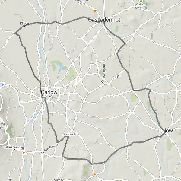 Map miniature of "Carlow Castle and Castledermot Loop" cycling inspiration in Southern, Ireland. Generated by Tarmacs.app cycling route planner