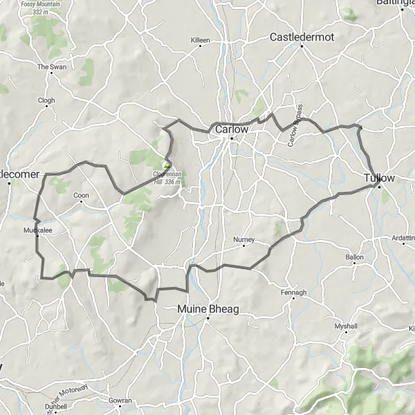Map miniature of "Tullow to Carlow Loop" cycling inspiration in Southern, Ireland. Generated by Tarmacs.app cycling route planner