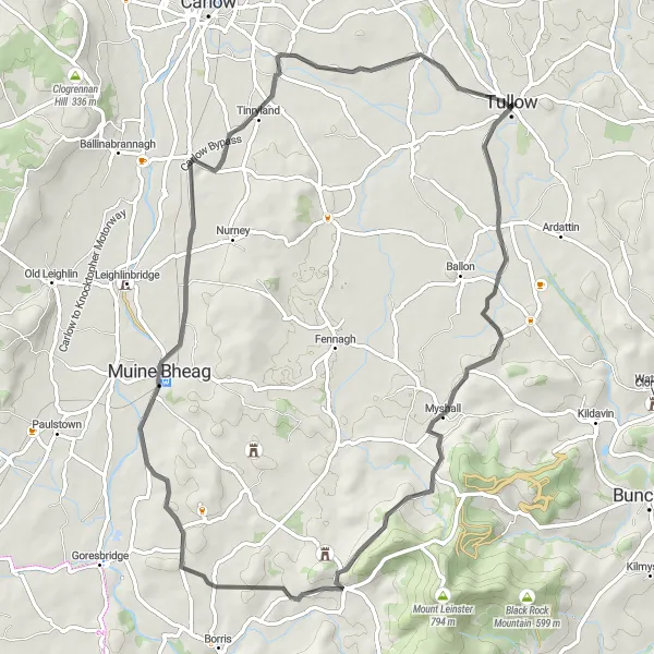Map miniature of "Tullow to Bagenalstown Loop" cycling inspiration in Southern, Ireland. Generated by Tarmacs.app cycling route planner
