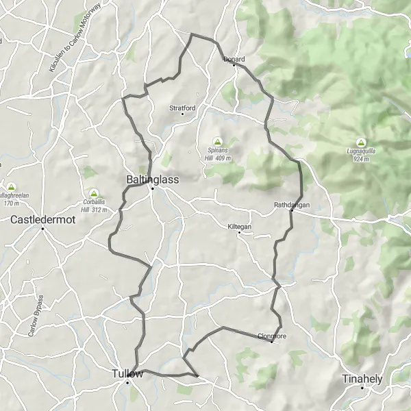 Map miniature of "Baltinglass and Rugged Natural Beauty Loop" cycling inspiration in Southern, Ireland. Generated by Tarmacs.app cycling route planner