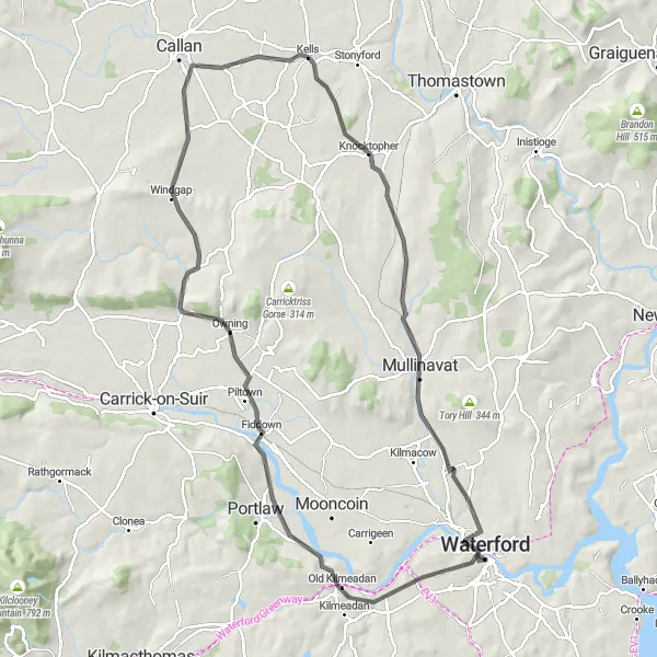Map miniature of "Waterford to Kilmeadan Loop" cycling inspiration in Southern, Ireland. Generated by Tarmacs.app cycling route planner