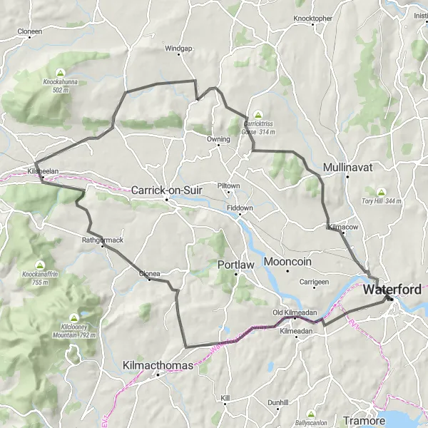 Map miniature of "Vistas and Valleys" cycling inspiration in Southern, Ireland. Generated by Tarmacs.app cycling route planner