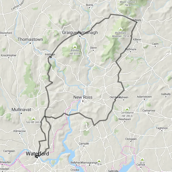 Map miniature of "Waterford to Camlin Hill Adventure" cycling inspiration in Southern, Ireland. Generated by Tarmacs.app cycling route planner