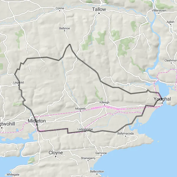 Map miniature of "The Coastal Loop" cycling inspiration in Southern, Ireland. Generated by Tarmacs.app cycling route planner