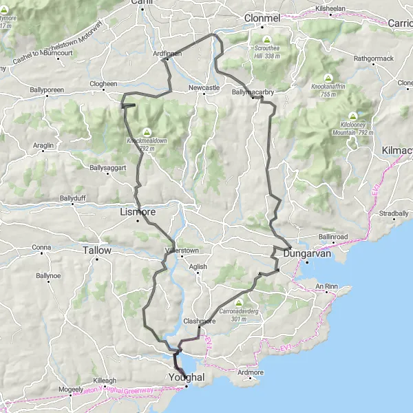 Map miniature of "The Castles and Countryside Ride" cycling inspiration in Southern, Ireland. Generated by Tarmacs.app cycling route planner