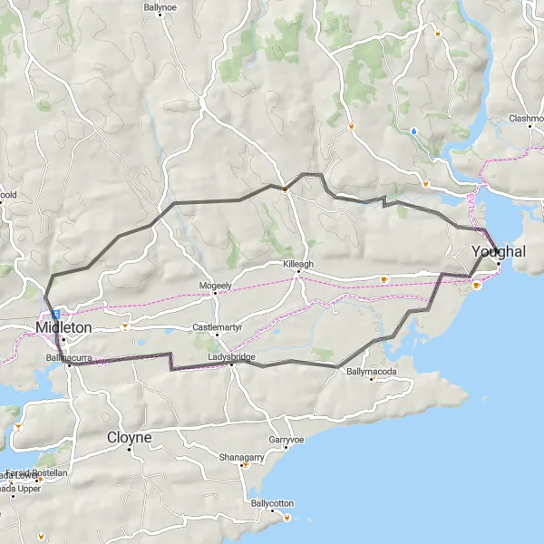 Map miniature of "The Heritage Trail" cycling inspiration in Southern, Ireland. Generated by Tarmacs.app cycling route planner