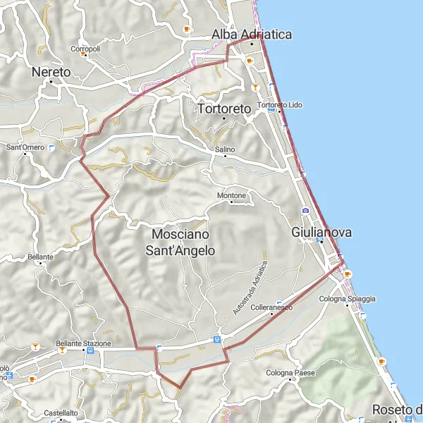 Miniature de la carte de l'inspiration cycliste "Tour des Collines de Giulianova" dans la Abruzzo, Italy. Générée par le planificateur d'itinéraire cycliste Tarmacs.app