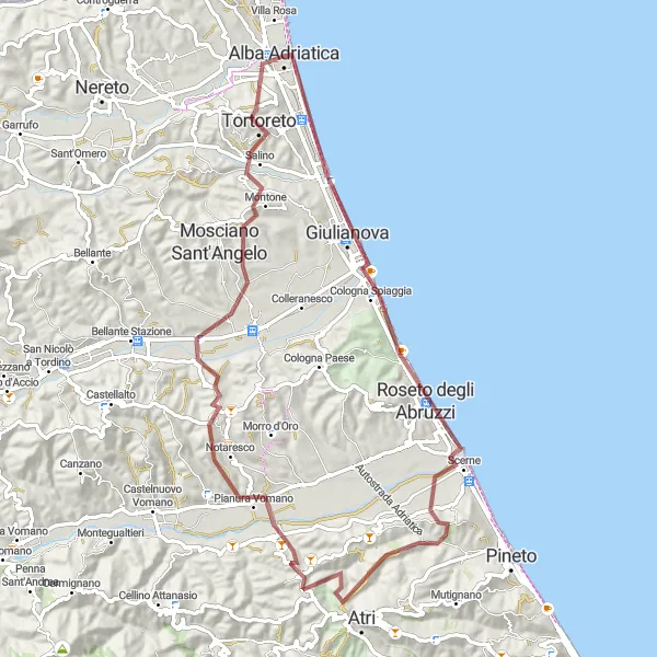 Map miniature of "Coastal Gravel Epic" cycling inspiration in Abruzzo, Italy. Generated by Tarmacs.app cycling route planner