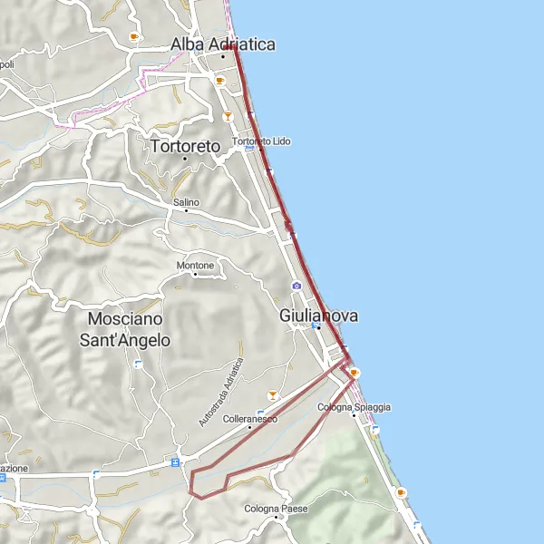 Map miniature of "Gravel Adventure: Alba Adriatica - Tortoreto Lido" cycling inspiration in Abruzzo, Italy. Generated by Tarmacs.app cycling route planner