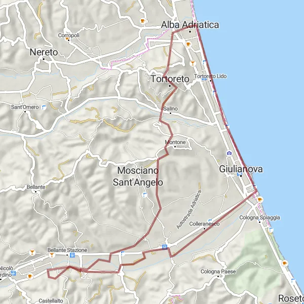 Map miniature of "Gravel Adventure: Alba Adriatica - Giulianova - Colleranesco" cycling inspiration in Abruzzo, Italy. Generated by Tarmacs.app cycling route planner