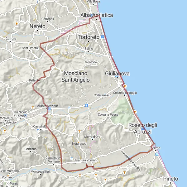 Karten-Miniaturansicht der Radinspiration "Abenteuerliche Rundtour um Tortoreto Lido und Roseto degli Abruzzi" in Abruzzo, Italy. Erstellt vom Tarmacs.app-Routenplaner für Radtouren