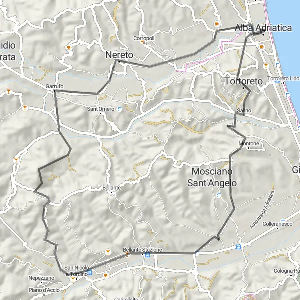 Map miniature of "Mountains and Villages" cycling inspiration in Abruzzo, Italy. Generated by Tarmacs.app cycling route planner