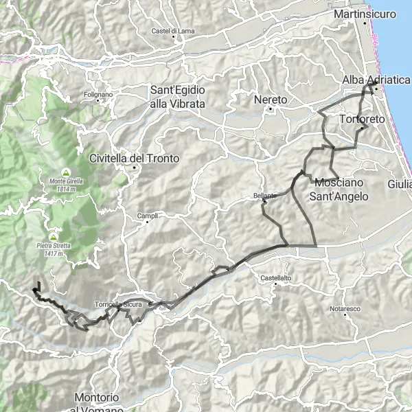 Karten-Miniaturansicht der Radinspiration "Herausfordernde Tour durch Terrabianca und Mosciano Sant'Angelo" in Abruzzo, Italy. Erstellt vom Tarmacs.app-Routenplaner für Radtouren