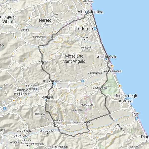 Miniature de la carte de l'inspiration cycliste "La côte de l'Adriatique" dans la Abruzzo, Italy. Générée par le planificateur d'itinéraire cycliste Tarmacs.app