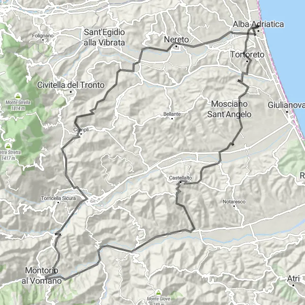 Miniatura della mappa di ispirazione al ciclismo "Salite e Borghi nella Regione Abbruzzese" nella regione di Abruzzo, Italy. Generata da Tarmacs.app, pianificatore di rotte ciclistiche
