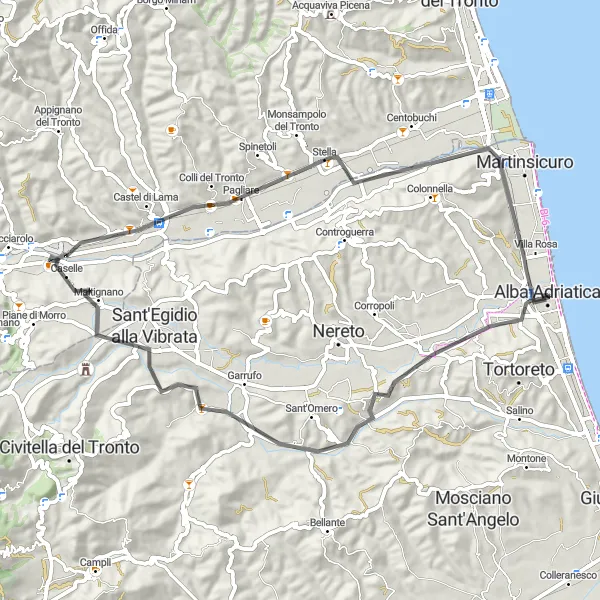 Miniatura della mappa di ispirazione al ciclismo "Tour delle colline abruzzesi" nella regione di Abruzzo, Italy. Generata da Tarmacs.app, pianificatore di rotte ciclistiche