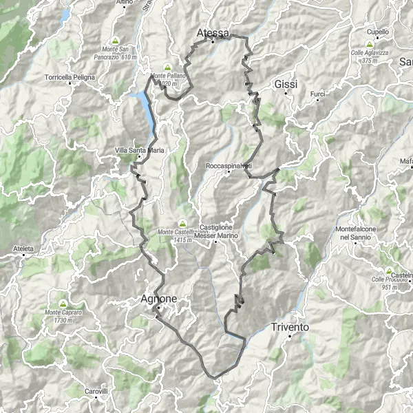 Miniature de la carte de l'inspiration cycliste "Tour panoramique des montagnes Abruzzesi" dans la Abruzzo, Italy. Générée par le planificateur d'itinéraire cycliste Tarmacs.app