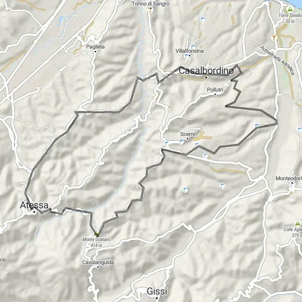 Karten-Miniaturansicht der Radinspiration "Kurze und knackige Strecke durch pittoreske Dörfer" in Abruzzo, Italy. Erstellt vom Tarmacs.app-Routenplaner für Radtouren