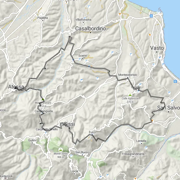 Miniatura della mappa di ispirazione al ciclismo "Il Giro di Monte Calvario e Monte Granaro" nella regione di Abruzzo, Italy. Generata da Tarmacs.app, pianificatore di rotte ciclistiche