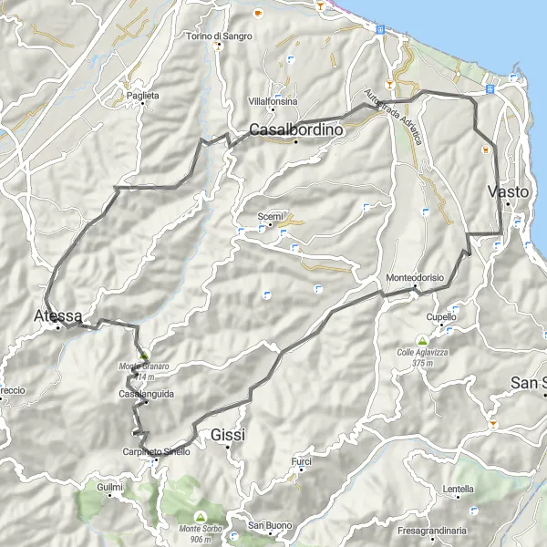 Miniatura della mappa di ispirazione al ciclismo "Terrazza sul Mare" nella regione di Abruzzo, Italy. Generata da Tarmacs.app, pianificatore di rotte ciclistiche