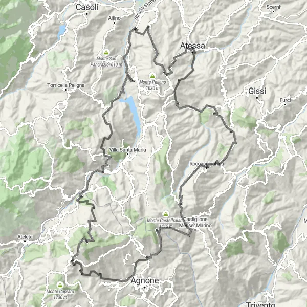Miniatura della mappa di ispirazione al ciclismo "Vie dei Borghi" nella regione di Abruzzo, Italy. Generata da Tarmacs.app, pianificatore di rotte ciclistiche