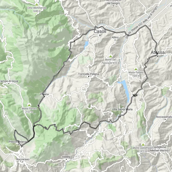 Miniatura della mappa di ispirazione al ciclismo "Il Giro del Monte Canale e della Madonna" nella regione di Abruzzo, Italy. Generata da Tarmacs.app, pianificatore di rotte ciclistiche