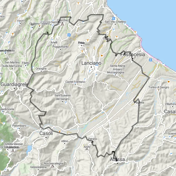 Map miniature of "The Architectural Gem of Paglieta" cycling inspiration in Abruzzo, Italy. Generated by Tarmacs.app cycling route planner