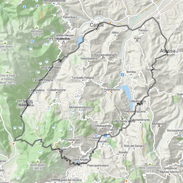 Miniature de la carte de l'inspiration cycliste "Les Collines de l'Aventino" dans la Abruzzo, Italy. Générée par le planificateur d'itinéraire cycliste Tarmacs.app