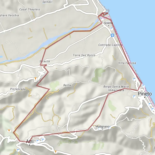 Map miniature of "Gravel Adventure to Pineto and Belvedere" cycling inspiration in Abruzzo, Italy. Generated by Tarmacs.app cycling route planner