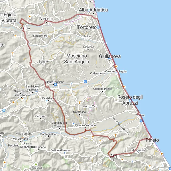 Map miniature of "Gravel Adventure through Nereto and Roseto degli Abruzzi" cycling inspiration in Abruzzo, Italy. Generated by Tarmacs.app cycling route planner