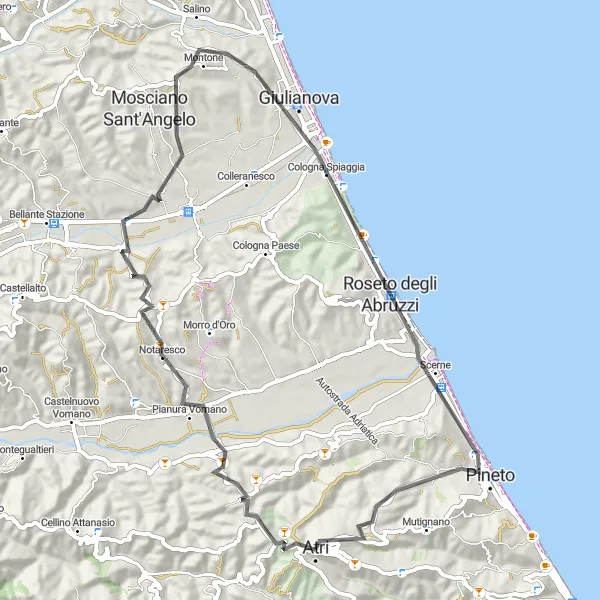 Map miniature of "Discovering Notaresco and Roseto degli Abruzzi" cycling inspiration in Abruzzo, Italy. Generated by Tarmacs.app cycling route planner